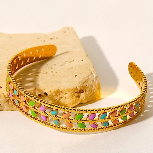 Gold Plated Leaf Design Multicolor Bangle Bracelet Ring Set - Picture 13 of 15